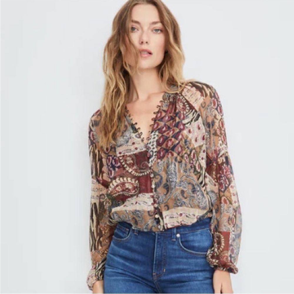 Veronica Beard Brown Multi Jayce Patchwork Paisley V-Neck Blouse